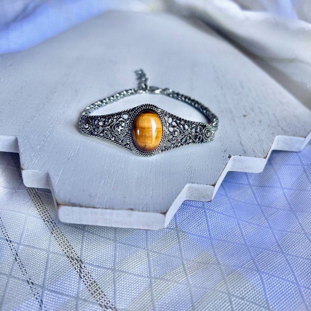 Tiger's Eye Silver Tone Metal Bracelet, Vintage Tiger's Eye Jewelry